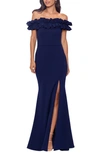 Xscape Off The Shoulder Ruffle Crepe Trumpet Gown In Navy