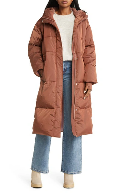 Ugg Keeley Faux Shearling Trim Longline Puffer Coat In Dark Chestnut