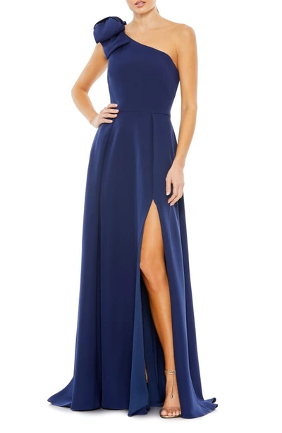 Ieena For Mac Duggal Bow One-shoulder A-line Gown In Midnight