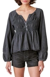 Lucky Brand Textured Babydoll Blouse In Washed Black