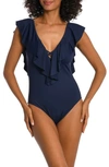 La Blanca Ruffle Plunge One-piece Swimsuit In Indigo