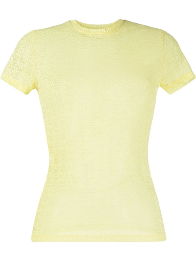 Philipp Plein Monogram-pattern Tulle T-shirt In Yellow
