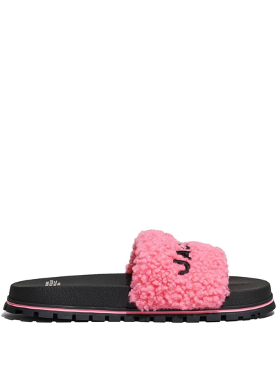 Marc Jacobs The Slide Logo Faux Shearling Sliders In Pink