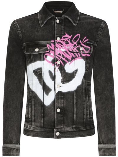 Dolce & Gabbana Black Denim Jacket With Spray-paint Dg Print In Multicolor