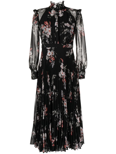 Erdem Narella Floral-print Pleated-voile Midi Dress In Black