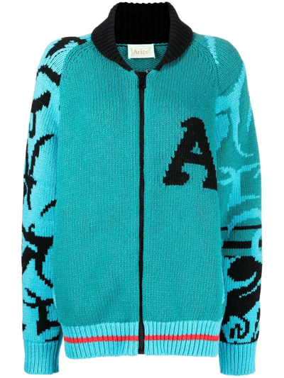 Aries Logo-intarsia Zip-up Cardigan In Blue