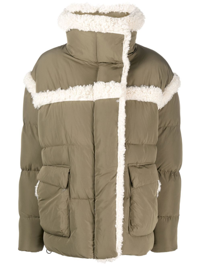 Urbancode Faux Shearling-trim Padded Coat In Khaki