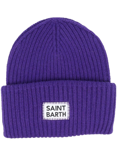 Mc2 Saint Barth Ribbed-knit Logo-patch Beanie In Purple