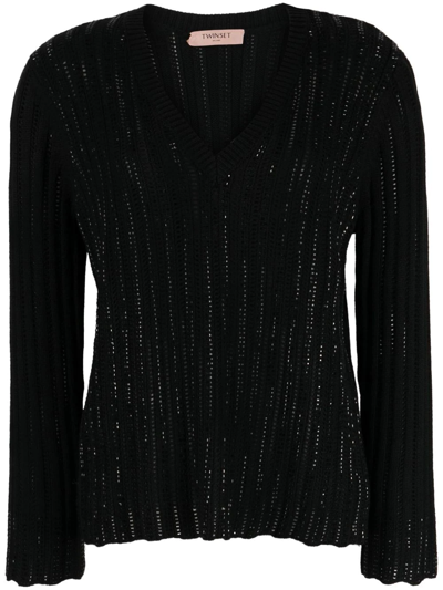 Twinset V-neck Knitted Jumper In Black