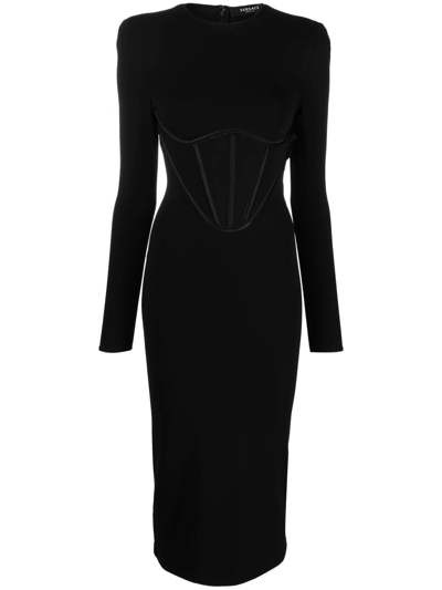 Versace Corset Detail Long Sleeve Jersey Midi Dress In Black