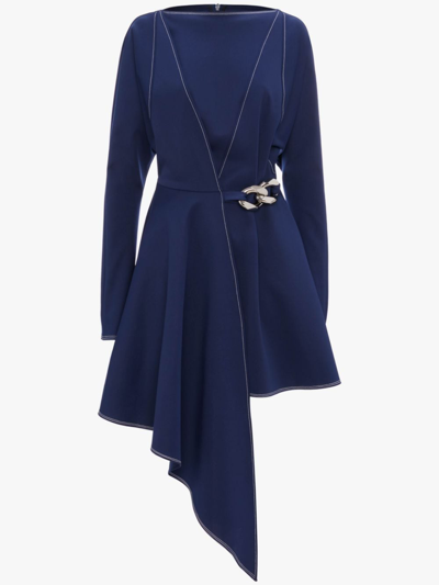 Jw Anderson Asymmetric Chain-embellished Stretch-cady Mini Dress In Blue