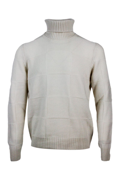 Barba Napoli Turtleneck Sweater In Pure And Soft Cashmere With Alternating Embossed Squares In White