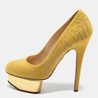 Pre-owned Charlotte Olympia Mustard Yellow Cotton Embroidered Felt Dolly Platform Pumps Size 36