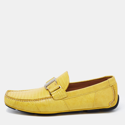 Pre-owned Salvatore Ferragamo Yellow Lizard Leather Sardegna Slip On Loafers Size 41.5