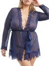 Oh La La Cheri Plus Size Provence Eyelash Lace Robe Set In Estate Blue