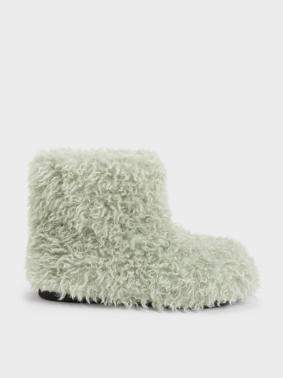 Charles & Keith Furry Ankle Boots In Mint Green