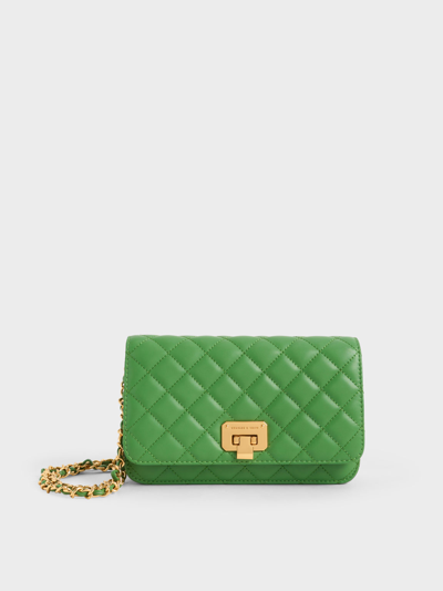 Charles & Keith Quilted Push-lock Clutch In Green