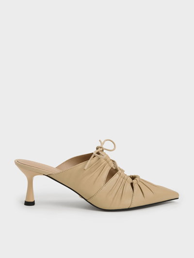 Charles & Keith Landis Leather Ruched Bow-tie Mules In Sand