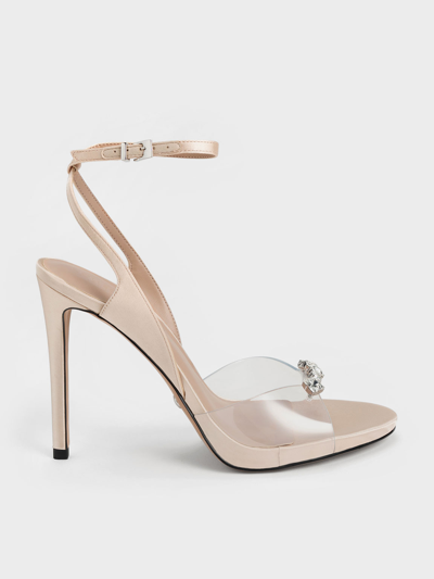 Charles & Keith Gem-encrusted Ankle Strap Clear Sandals In Nude