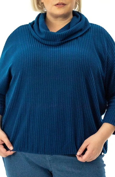 Nina Leonard Waffle Knit Cowl Neck Top In Sailor Blue