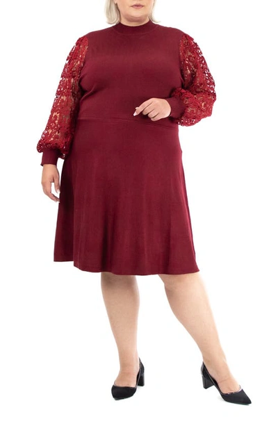 Nina Leonard Lace Sleeve Sweater Dress In Crimson