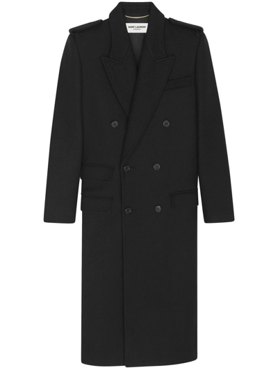 Saint Laurent Double-breasted Peak-lapel Wool Coat In Noir