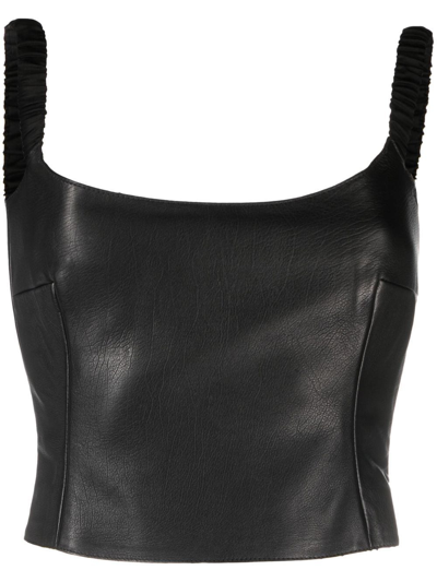 Khaite Audra Crop Off The Shoulder Leather Top In Black