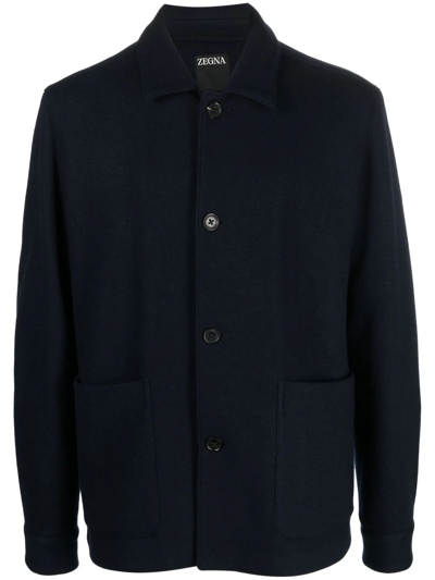 Zegna Buttoned-up Single-breasted Coat In Blue