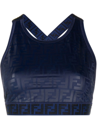 Fendi Cropped All-over Logo Print Top In Blue