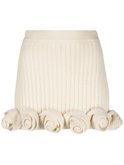 Blumarine Wool Rib Knit Mini Skirt W/ Roses In Ivory