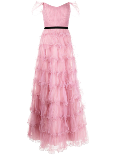 Marchesa Notte Off-the-shoulder Tiered Tulle Gown In Antique Rose