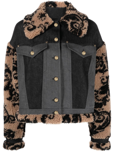 Versace Jeans Couture Baroque-print Panelled Denim Jacket In Black