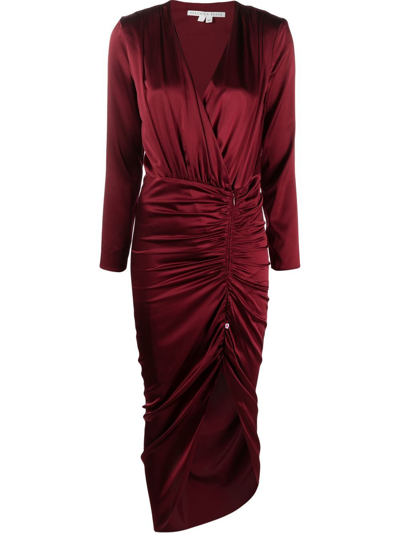 Veronica Beard Cameri Ruched Long Sleeve Stretch Silk Midi Dress In Red-drk