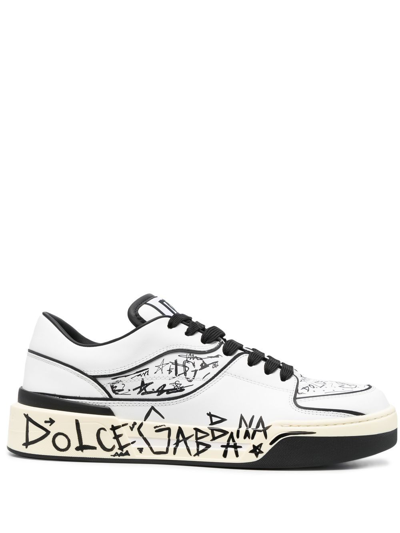 Dolce & Gabbana White New Roma Graffiti Print Leather Sneakers In White,black
