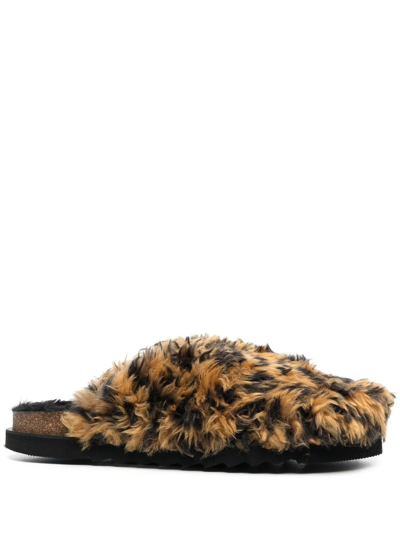 Palm Angels Faux Fur Leopard Mules In Black