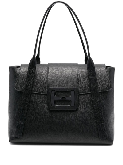 Hogan Logo-plaque Leather Tote Bag In Black