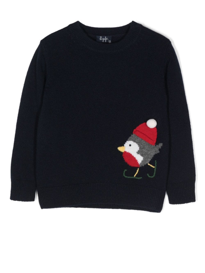Il Gufo Kids' Bird-embroidery Wool Sweater In Navy