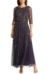 Pisarro Nights Beaded Mesh Gown With Jacket In Eggplant