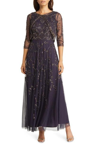 Pisarro Nights Beaded Mesh Gown With Jacket In Eggplant