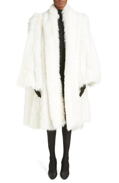 Balenciaga Graffiti Logo A-line Faux Fur Long Coat In White