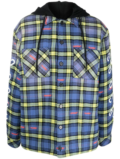Off-white Chain Arrows Plaid Hooded Cotton Flannel Overshirt In Blue