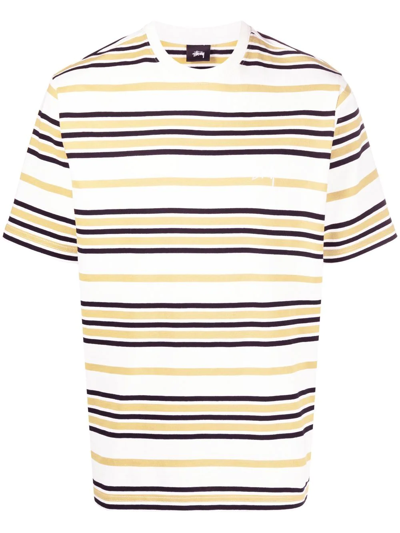 Stussy Striped Embroidered-logo T-shirt In Weiss