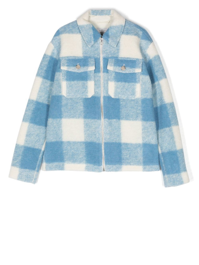 Woolrich Teen Check-print Knitted Jacket In Light Blue