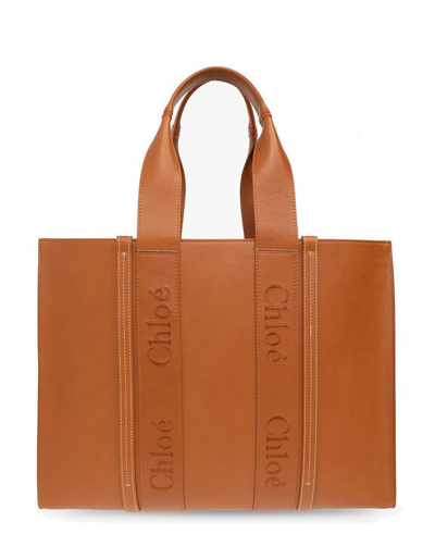 Chloé Woody Large Embroidered Leather Tote In Brown