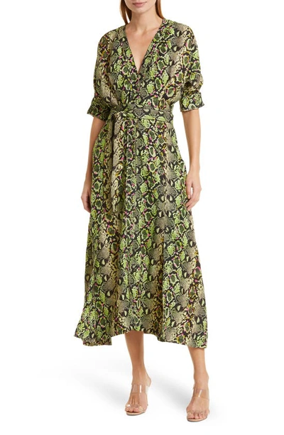Aje Serpentine Snake Print Belted Linen Blend Midi Dress In Snake Effect |  ModeSens