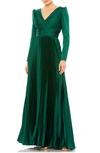 Mac Duggal Pleated Long Sleeve Chiffon A-line Gown In Emerald
