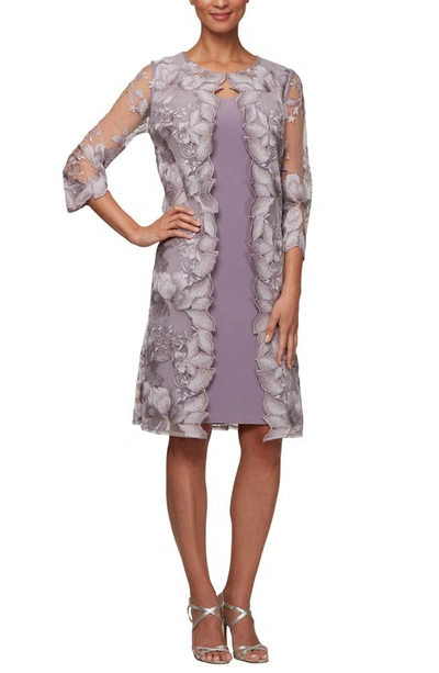 Alex Evenings Embroidered Mock Jacket Cocktail Dress In Smokey Orchid