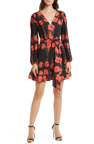 Milly Liv Floral Micropleat Long Sleeve Dress In Black Multi