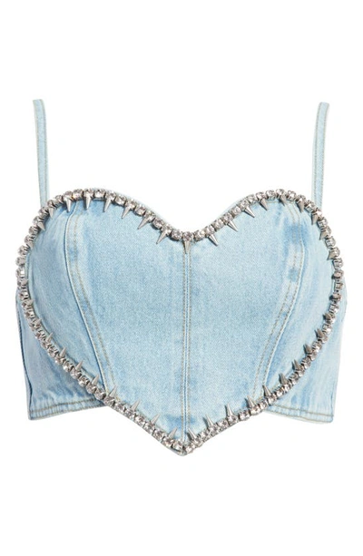 Area Crystal-embellished Denim Crop Top In Blue