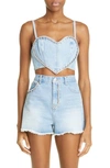 Area Crystal-embellished Denim Crop Top In Light Blue